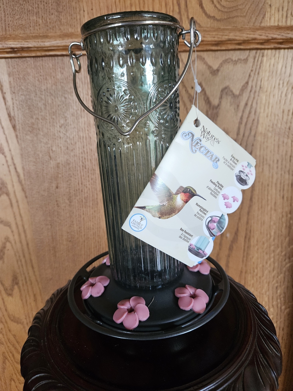 Nwt NATURES WAY Hummingbird Feeder - Green Glass with Pink Feeding Ports